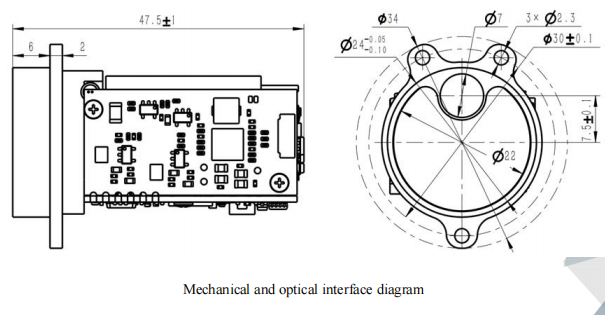 FW-ED09 Laser Ranging Module dimensional drawing showing Φ34mm diameter and 47.5mm height